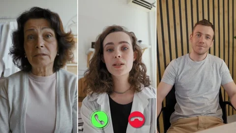 Split-screen call with three participants online Stock Footage 305544320