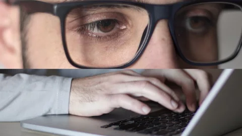 Split screen of caucasian face and hands working on a laptop Stock Footage 168362056