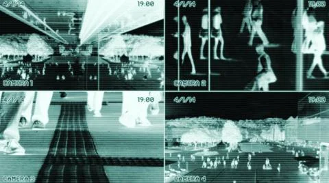 Split Screen CCTV Surveillance Camera Monitor showing Crowd of People Commuting Stock-Fotos