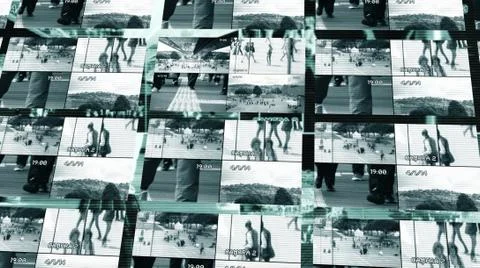 Split Screen CCTV Surveillance Camera Monitor showing Crowd of People Commuting Stock-Fotos