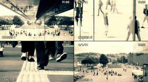 Split Screen CCTV Surveillance Camera Monitor showing Crowd of People Commuting Stock-Fotos