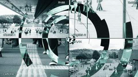 Split Screen CCTV Surveillance Camera Monitor showing Crowd of People Commuting Stock Photos