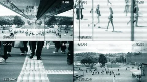 Split Screen CCTV Surveillance Camera Monitor showing Crowd of People Commuting Stock Photos