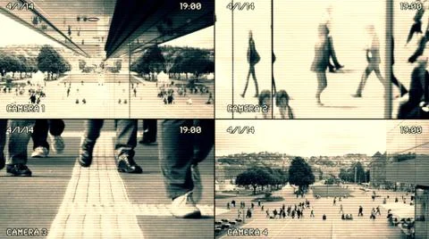 Split Screen CCTV Surveillance Camera Monitor showing Crowd of People Commuting Stock Photos