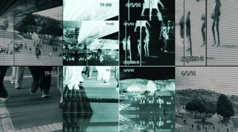 Split Screen CCTV Surveillance Camera Monitor showing Crowd of People Commuting Stock-Fotos