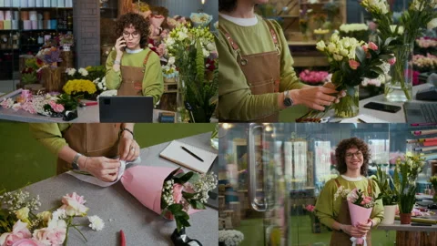 Split Screen of Cheerful Female Florist with Curly Hair during Workday Video stock 302366191