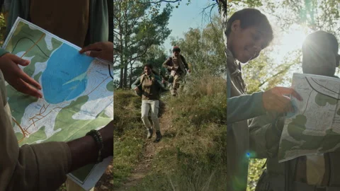 Split Screen of Children Running down Hill and Reading Map when Hiking with Dad Stock Footage 301761243
