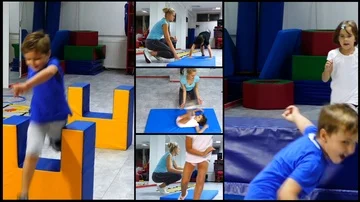 Split screen - children skipping obstacles and practicing somersault under the s Stock Footage 85770813