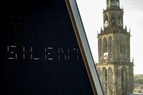 Split screen church tower and interior word Stock Photos