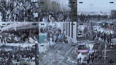 Split Screen City Streets Surveillance Camera CCTV Monitoring Stock Footage 111520873
