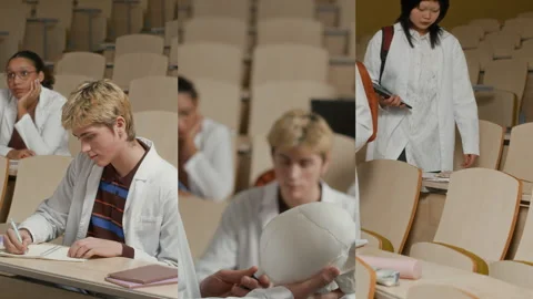 Split Screen of Clinical Professor Teaching Students Anatomy in Lecture Hall Stock Footage 306673949