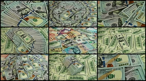 Split screen close up rotation of dollars and world money. Video stock 55633107