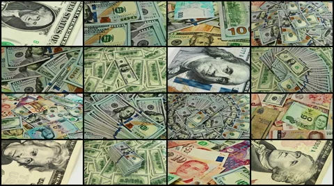 Split screen close up rotation of dollars and banknotes from allover the world. Video stock 55633819