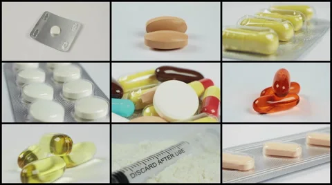 Split screen close up rotation of many colored pils, tablets and capsuls. Stock Footage 54950897