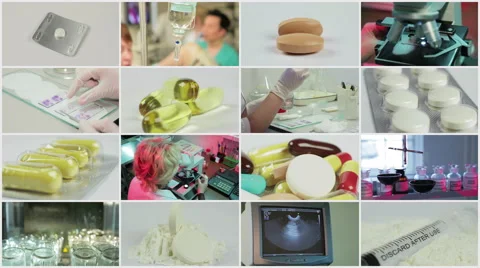 Split screen close up rotation of many colored pils, tablets, capsuls and lab. Видео 55206232