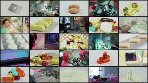 Split screen close up rotation of many colored pils, tablets, lab and doctors. Video stock 55206487