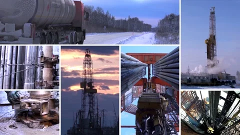 Split screen collage 'Oil Production'. Drilling Rigs,  Gasoline tanker. Stock Footage 259954055
