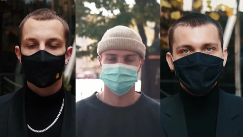 Split screen collage portraits of young men in protective medical masks, walking Video stock 143808140
