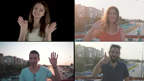 Split screen collage of young persons wave. Cheerful happy people saying hell Stock Footage 139755128