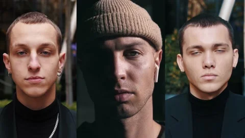 Split screen Collage of young successful business people. Portraits of men Stock Footage 143808018