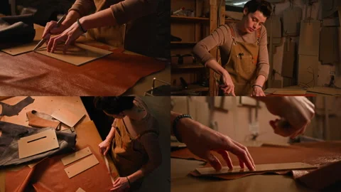 Split Screen of Concentrated Female Artisan at Work in Leather Workshop Stock Footage 299918543
