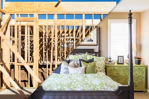 Split Screen of Cosntruction Framing and Finished Bedroom. Stock Photos