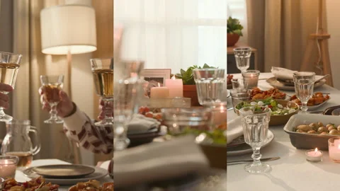 Split Screen of Cozy Dining Experience, Toasts, and Table with Variety of Dishes Video stock 303046127