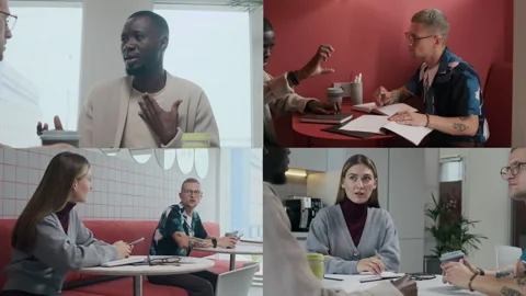 Split Screen of Creative Team Having Brainstorm Meeting in Cafe Video stock 290509544