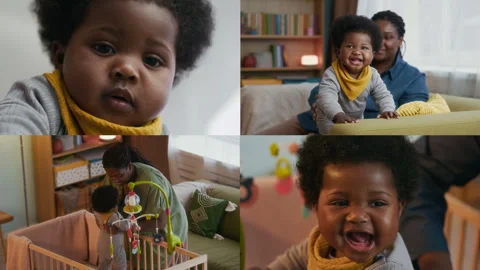 Split Screen of Curious and Expressive African American Toddler with her Mother Stock Footage 302815082