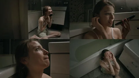 Split Screen of Depressed Girl Yelling and Crying into Phone Feeling Miserable Video stock 301115984