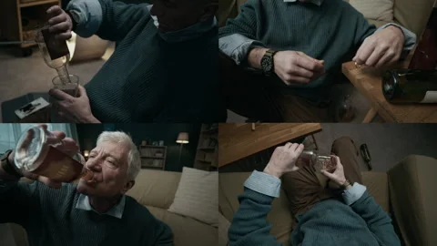 Split Screen of Depressed Senior Man Abusing Alcohol at Home after Breakup 動画素材 300604395
