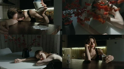 Split Screen of Depressed Young Woman Spilling Milk Feeling Empty Inside Video stock 301115983