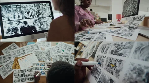 Split Screen of Digital and Printed Comics Creation in Studio Video stock 292736243