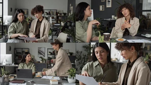 Split Screen of Diverse Businesswomen Collaborating on Project in Modern Office Видео 343606327