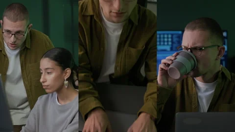 Split Screen of Diverse IT Specialists Working in Office at Night Stock Footage 292615608