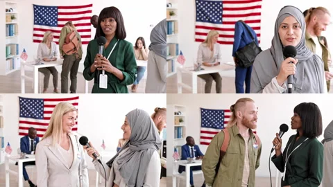 Split Screen of Diverse Journalists Making Report from Electoral District Stock Footage 285121943