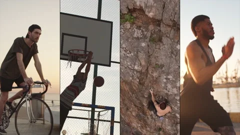 Split screen of diverse men, people doing sports. Multiscreen of person riding Stock Footage 138569500