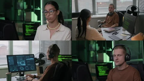 Split Screen of Diverse Programmers Working and Chatting in Office at Night Stock Footage 292615574