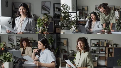 Split Screen of Diverse Women Working in Customer Support 스톡 동영상 343606582