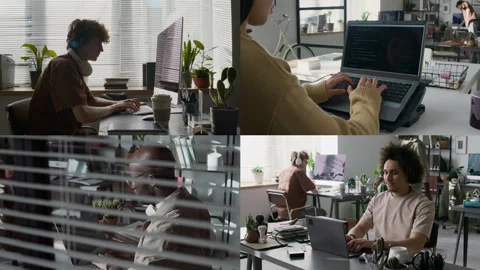 Split Screen of Diverse Young Web Developers Writing Codes on Computers Stock Footage 299685002