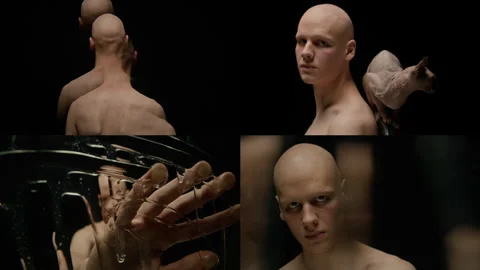 Split Screen of Dramatic Portraits of Man with Alopecia on Black Background Stock Footage 298170659
