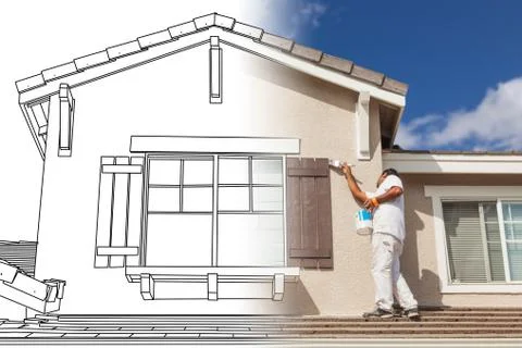 Split Screen of Drawing and Photo of Busy House Painter Painting Home. 스톡 사진