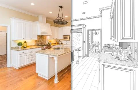 Split Screen Of Drawing and Photo of Beautiful New Kitchen. 스톡 사진