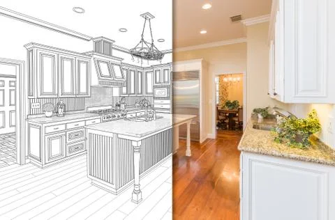 Split Screen Of Drawing and Photo of Beautiful New Kitchen. 스톡 사진