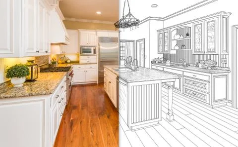 Split Screen Of Drawing and Photo of Beautiful New Kitchen. 스톡 사진