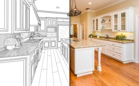Split Screen Of Drawing and Photo of Beautiful New Kitchen. 스톡 사진