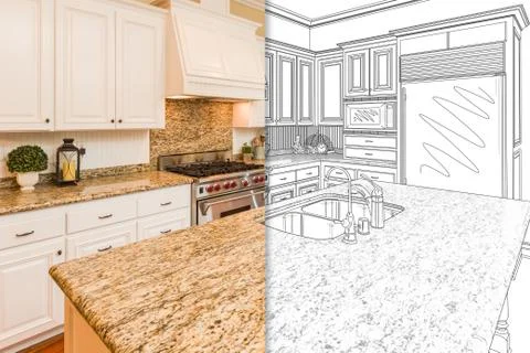Split Screen Of Drawing and Photo of Beautiful New Kitchen. 스톡 사진