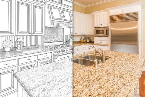Split Screen Of Drawing and Photo of Beautiful New Kitchen. 스톡 사진