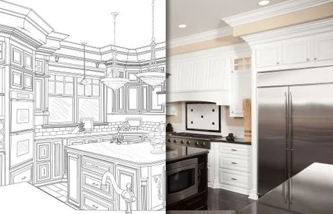 Split Screen Of Drawing and Photo of Beautiful New Kitchen. 스톡 사진