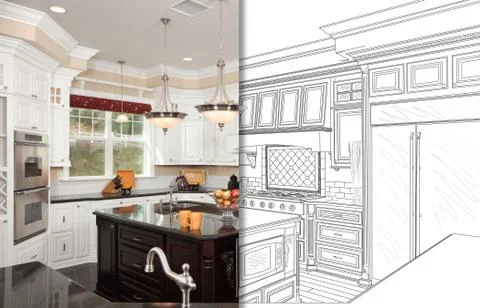 Split Screen Of Drawing and Photo of Beautiful New Kitchen. 스톡 사진